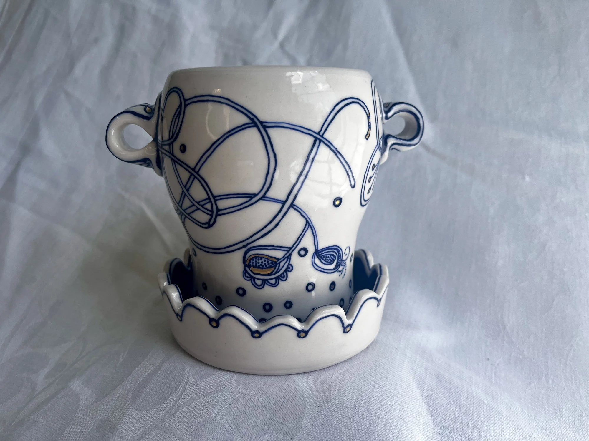Cobalt blue line work and gold luster detail on a handmade porcelain planter No. 001