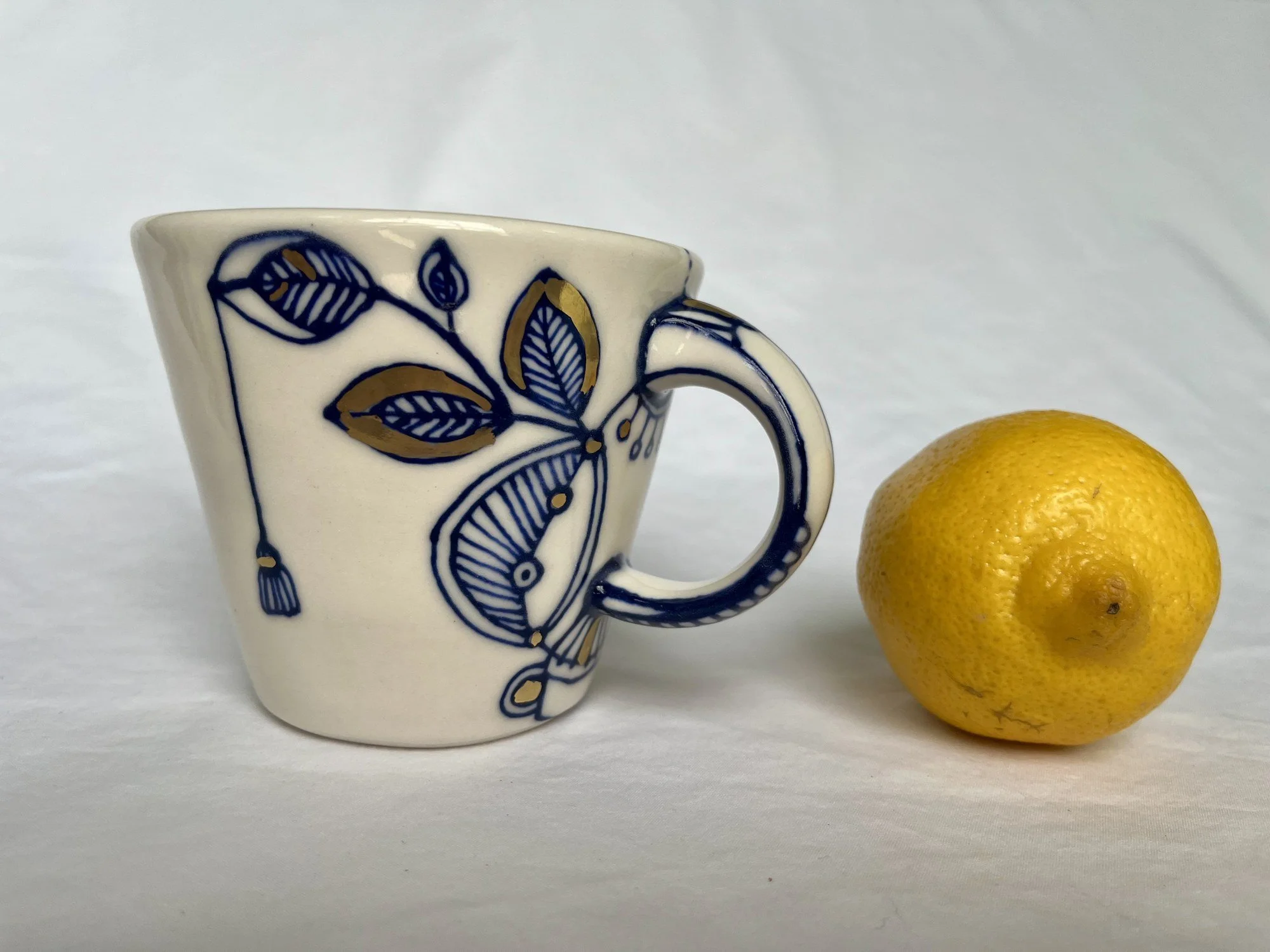 Hand-painted cobalt blue and gold luster porcelain mug No. 015 by Cypress Knees Ceramics