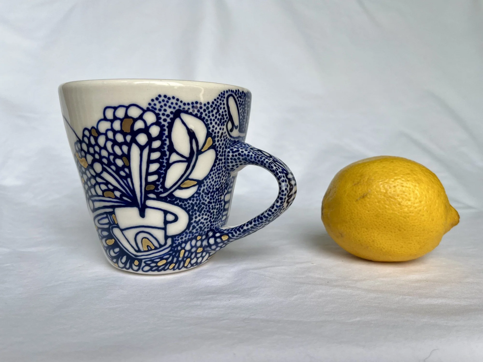 Hand-painted cobalt blue and gold luster porcelain mug No. 009 by Cypress Knees Ceramics