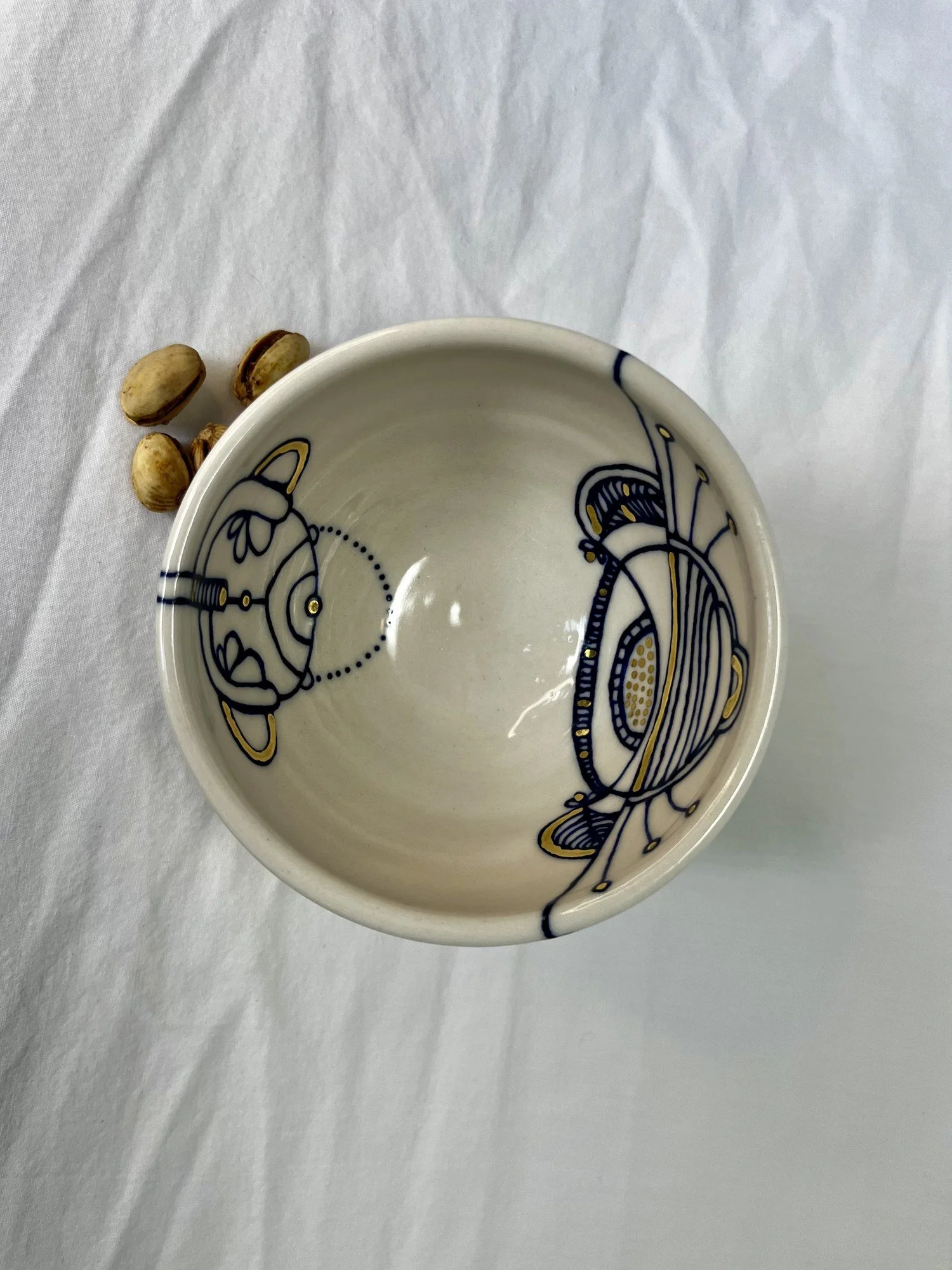 Cobalt blue line work and gold luster detail on handmade porcelain bowl No. 011