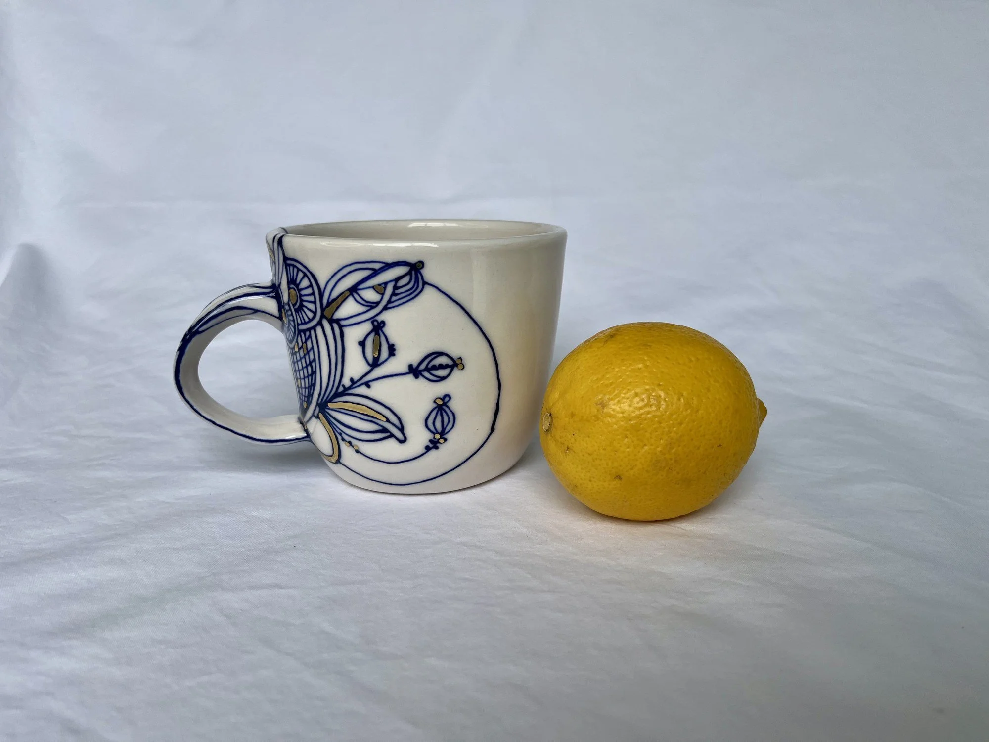 Additional view of hand-painted cobalt and gold luster porcelain mug No. 003
