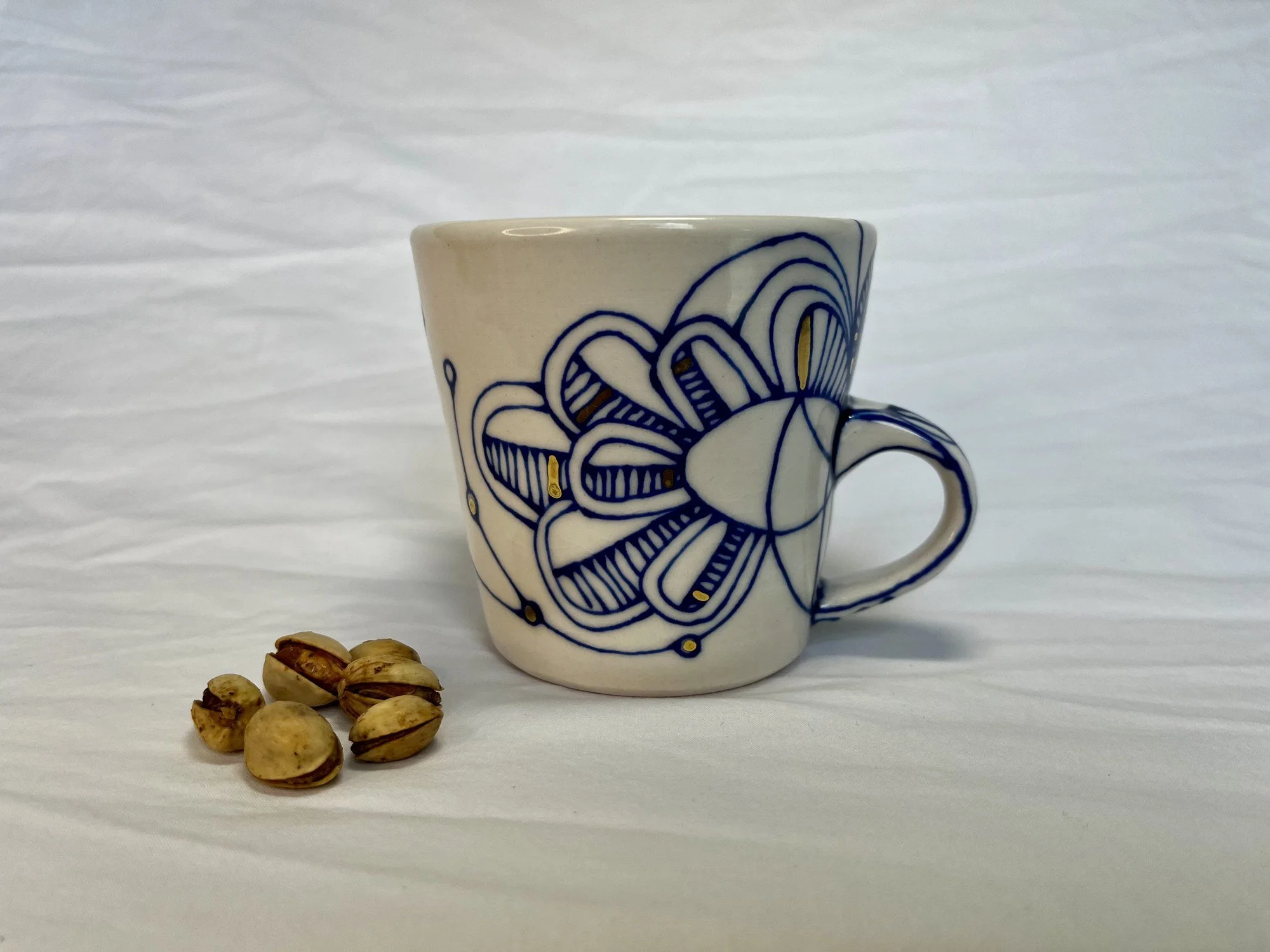 Cobalt blue line work and gold luster detail on handmade porcelain mug No. 024