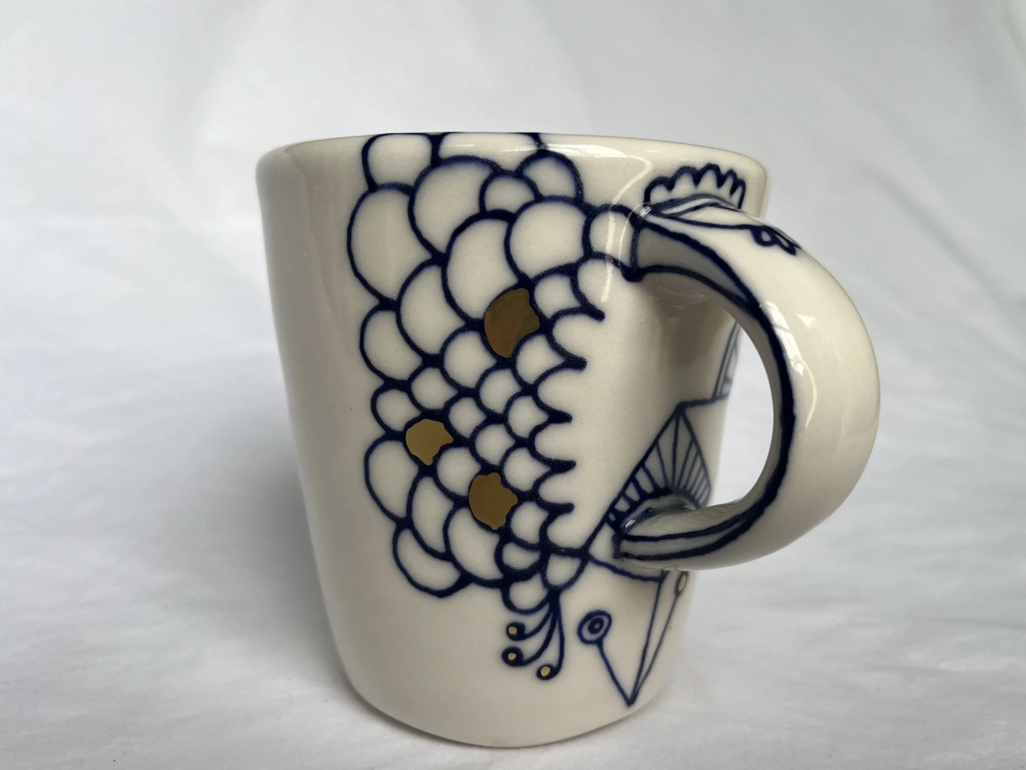 Hand-painted cobalt blue and gold luster porcelain mug No. 017 by Cypress Knees Ceramics