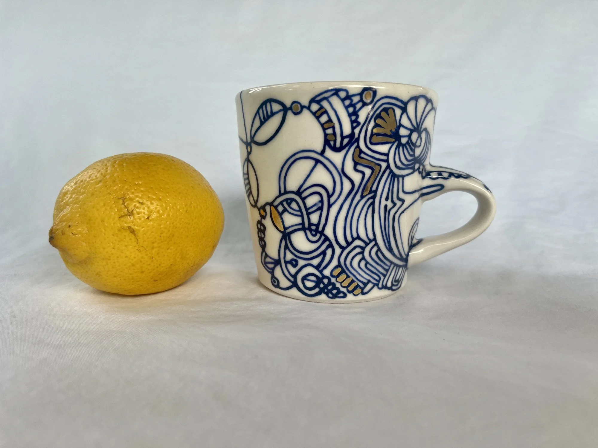 Hand-painted cobalt blue and gold luster porcelain mug No. 021 by Cypress Knees Ceramics