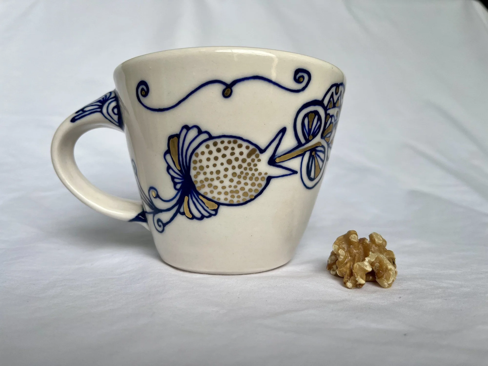 Hand-painted cobalt blue and gold luster porcelain mug No. 008 by Cypress Knees Ceramics