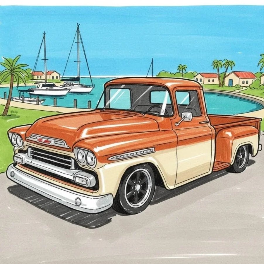 Illustration of a vintage orange and cream pickup truck parked near a waterfront with sailboats, palm trees, and houses visible in the background.