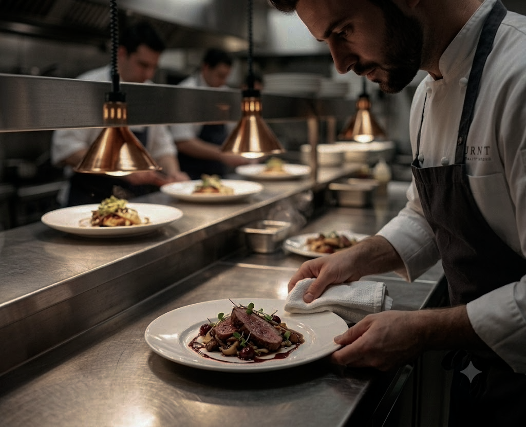 A professional chef in a white uniform and black apron is carefully plating a dish in a busy kitchen, with several plates of food under warm lights in the background.