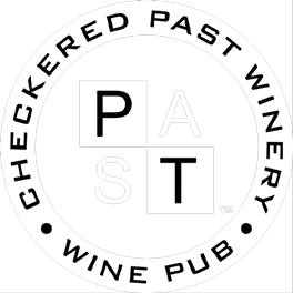Logo of a wine pub called "Checked Past Winery" featuring a circular design with the text around the border and "PAST" in the center divided into four sections.