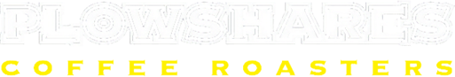Logo with the text 'PLOWSHARES' in white and 'COFFEE ROASTERS' in yellow underneath.