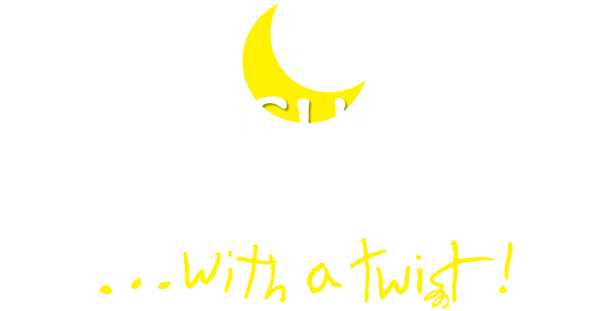 Text that says "A Midsummer Night's Dream... with a twist!" with a yellow crescent moon on top.