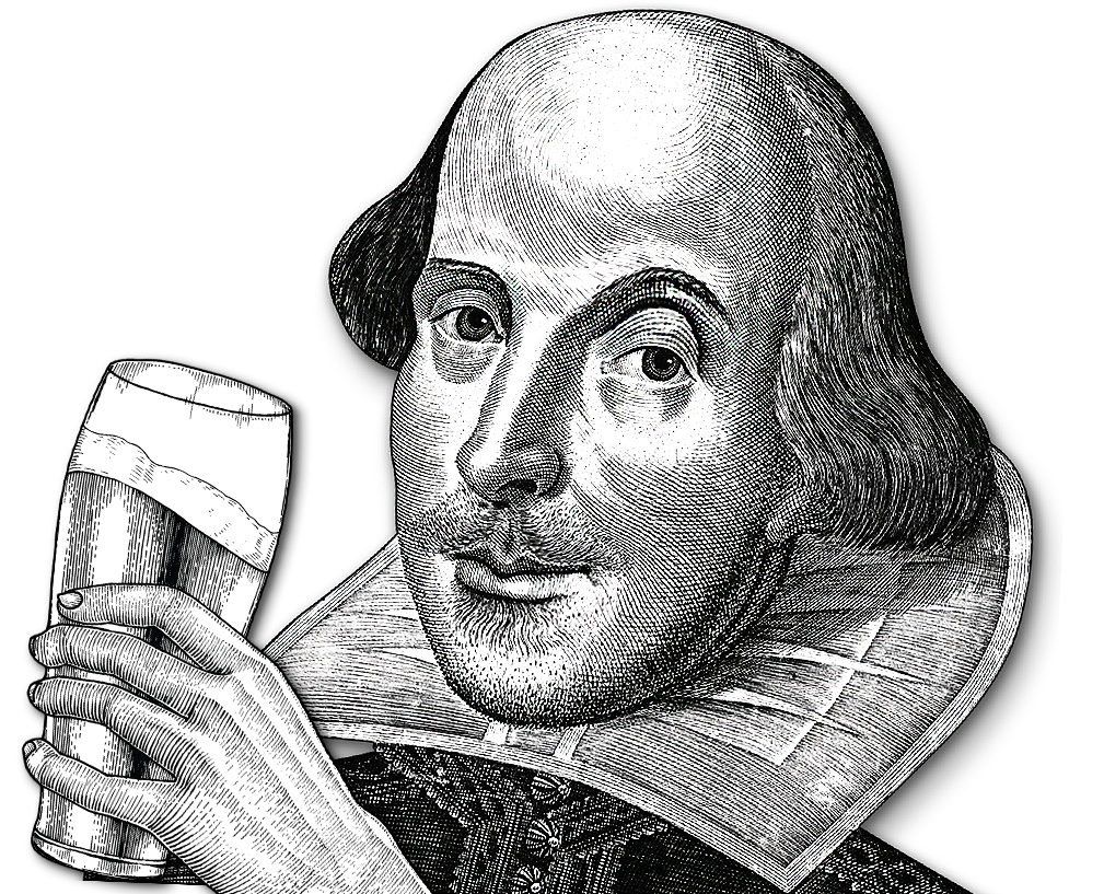 Black and white illustration of William Shakespeare holding a beer glass in his right hand, dressed in Elizabethan clothing with a ruffled collar.