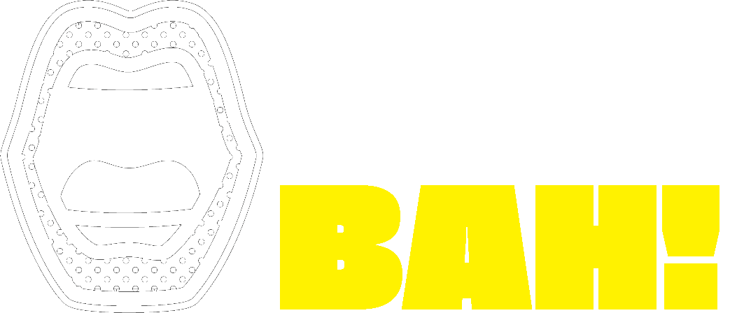 Logo with stylized open mouth and the text "BAH!" in bold yellow letters
