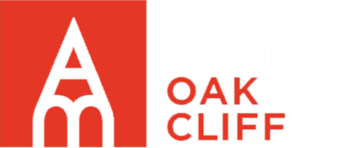 Logo with a red background, featuring a stylized black and red pencil and the text 'Arts Mission Oak Cliff' in white and red letters.