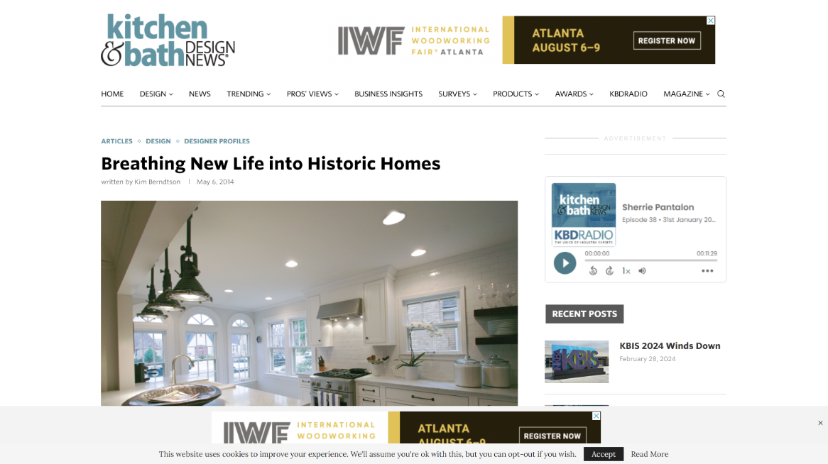 Screenshot of a webpage titled "Breathing New Life into Historic Homes" showing a bright, white renovated kitchen with multiple windows, white cabinets, a stainless steel stove, and modern lighting fixtures.