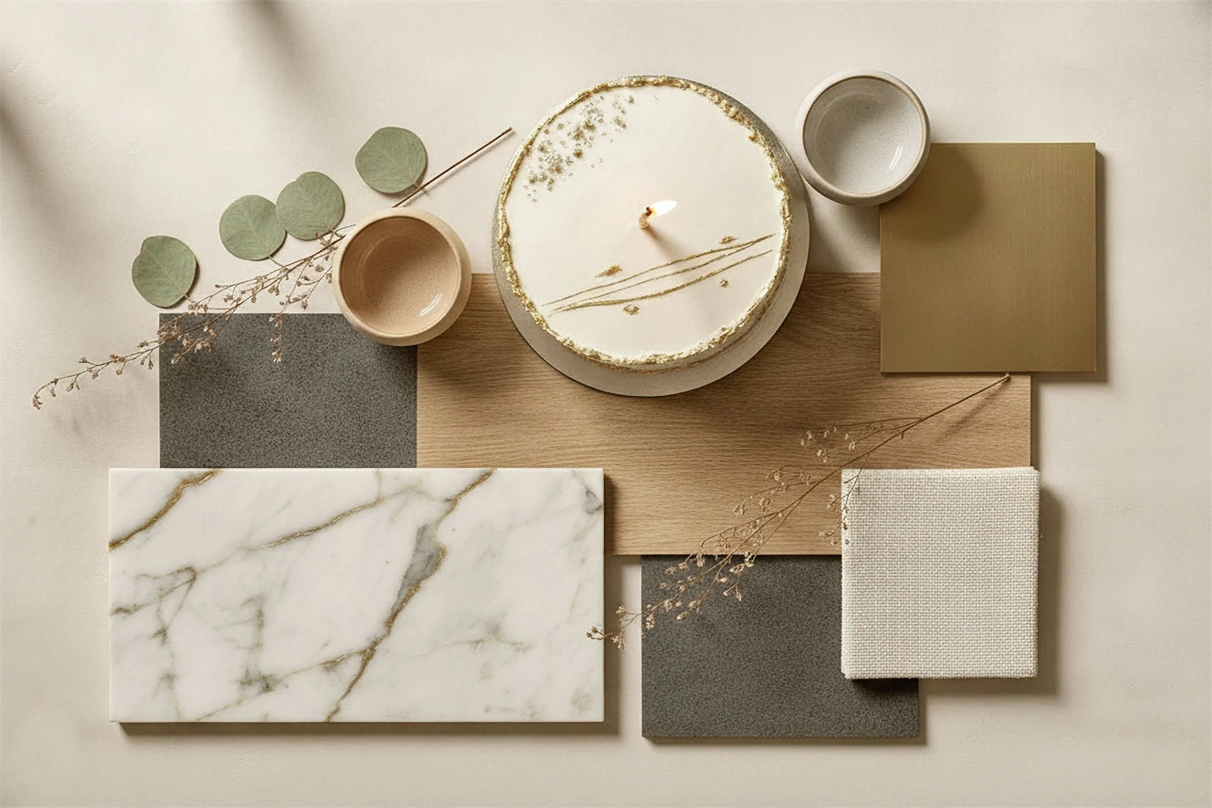 A flat lay arrangement of tiles, bowls, a cake, and decorative sprigs on a neutral surface.