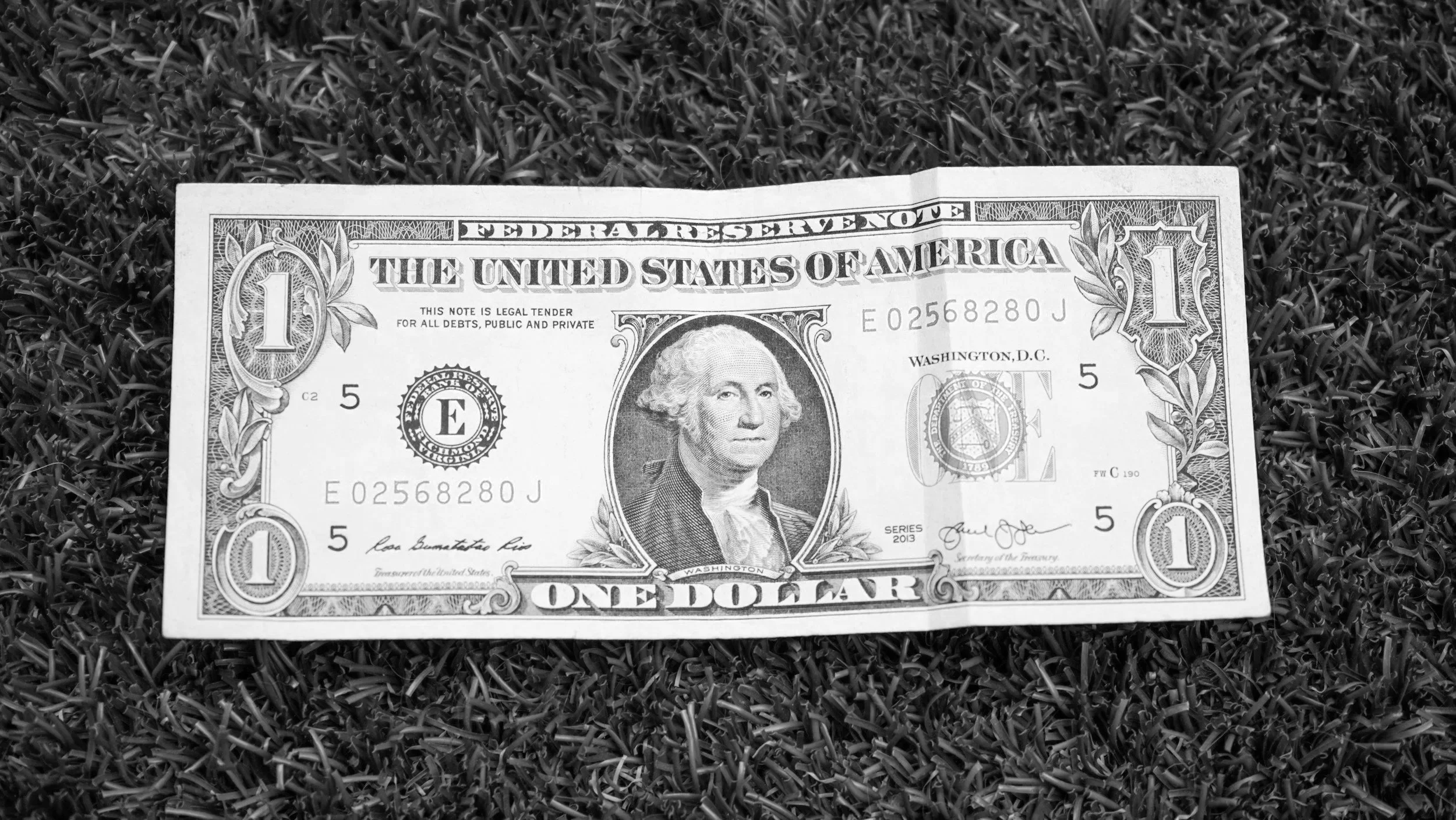 A one-dollar bill lying on grass.