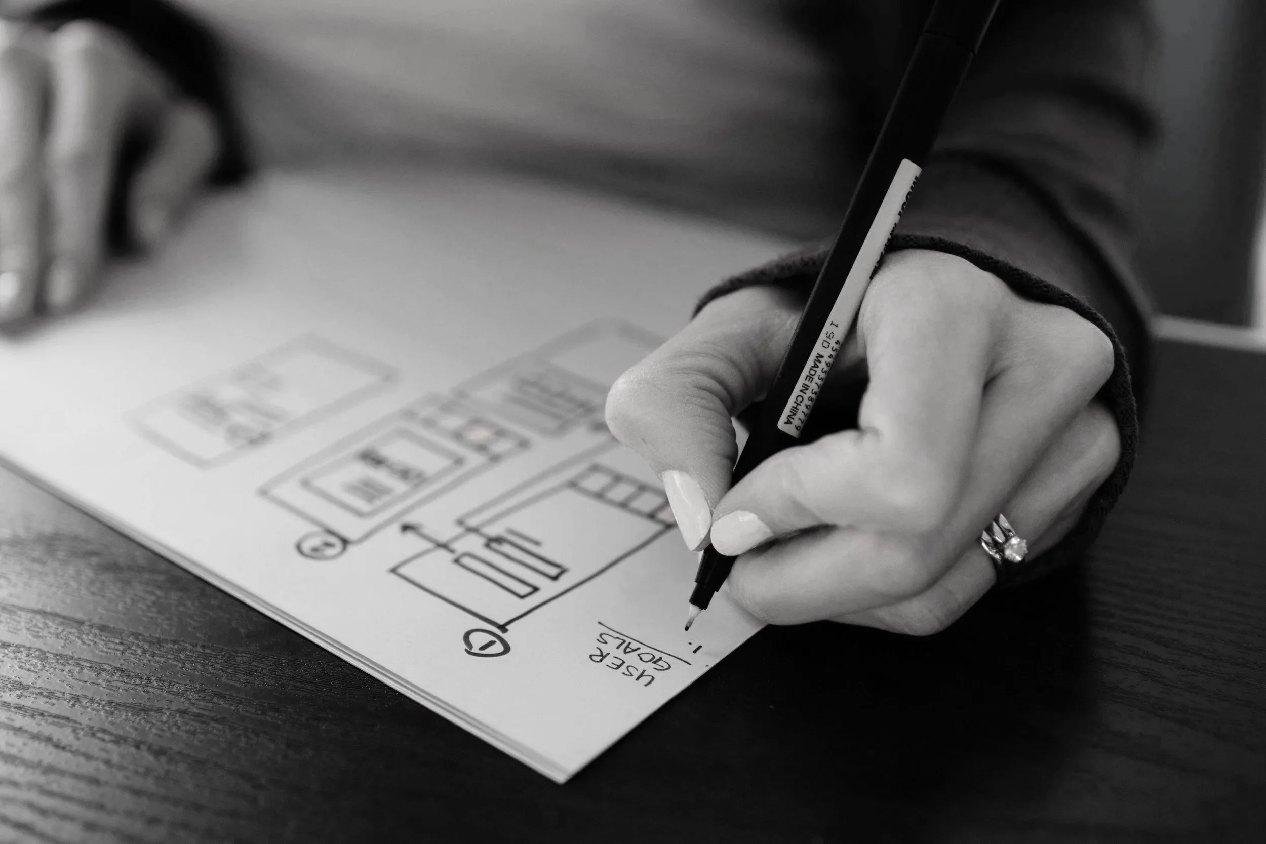 Close-up of a person's hand holding a black pen, writing or drawing on a paper with diagrams and labels.