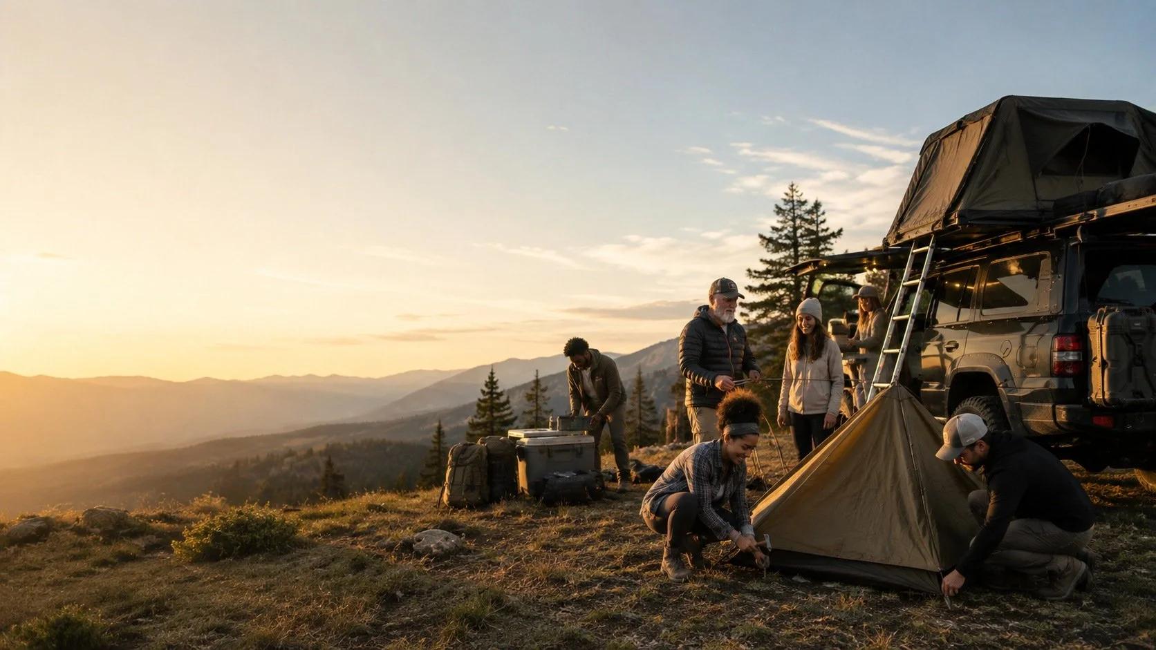 A group of people camping outdoors on a mountain with a tent and a parked vehicle, enjoying activities during sunset.