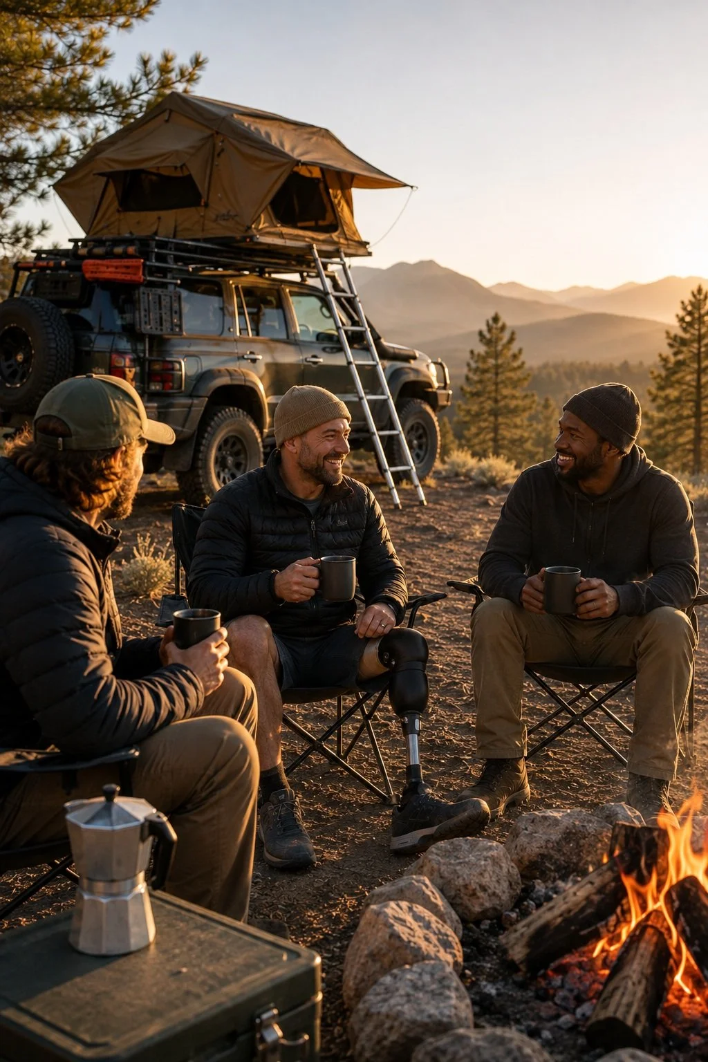 Three men sitting around a campfire enjoying coffee with a mountain landscape and a vehicle with a rooftop tent in the background at sunset.