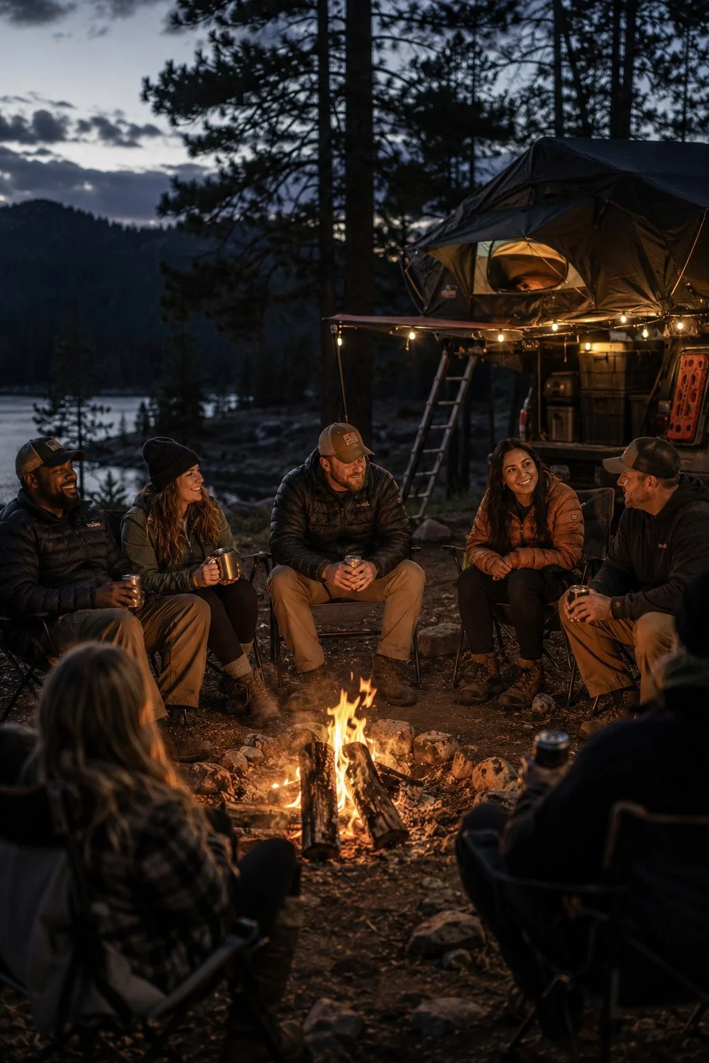 Group of people sitting around a campfire during dusk, with a camper trailer and trees in the background, enjoying drinks and conversation.