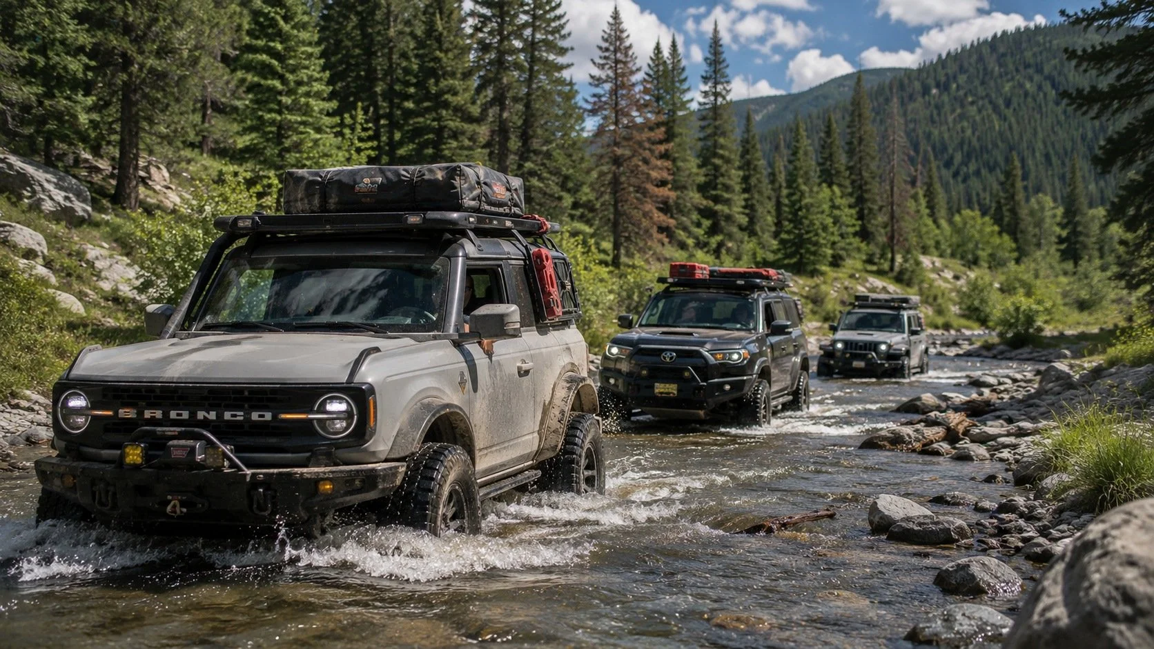 Three off-road vehicles crossing a shallow river in a forested mountainous area. The first vehicle is a silver Ford Bronco, followed by two black SUVs with roof racks and equipment.