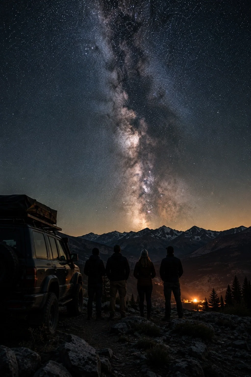 Four people standing outdoors on a rocky mountain landscape at night, watching the starry sky with the Milky Way galaxy visible overhead. A vehicle is parked nearby, and snow-capped mountains are in the background.