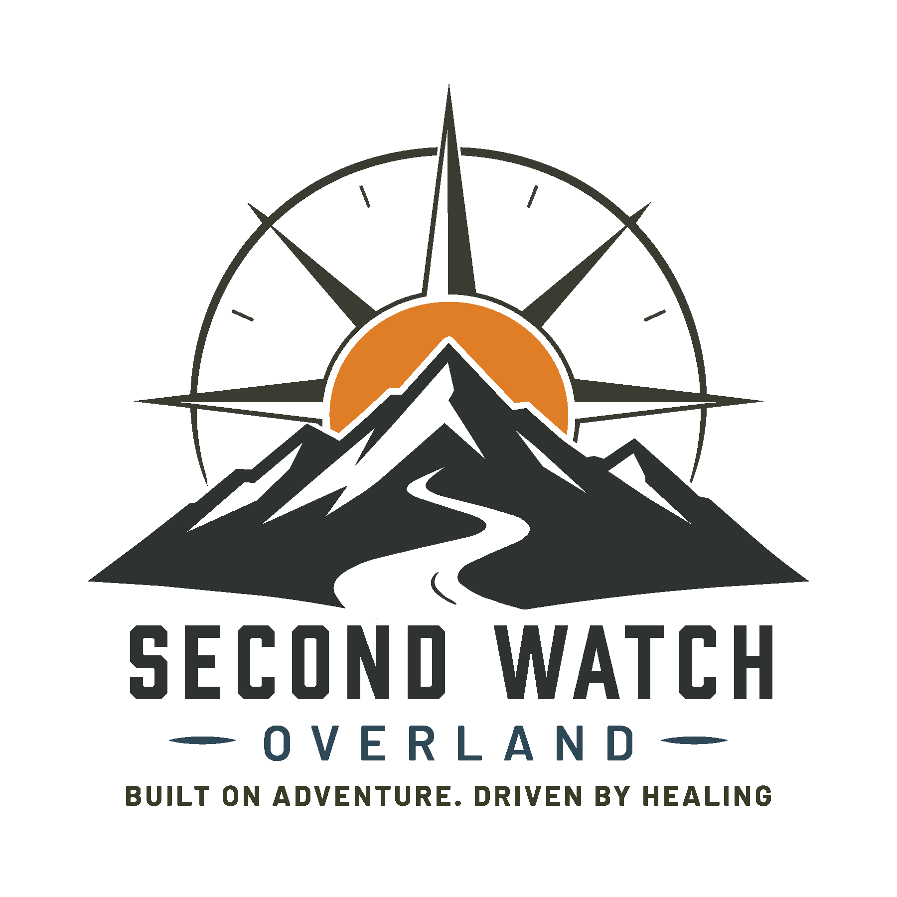 Logo for Second Watch Overland featuring a mountain and sun design with text, and the tagline "Build on adventure. Driven by healing."