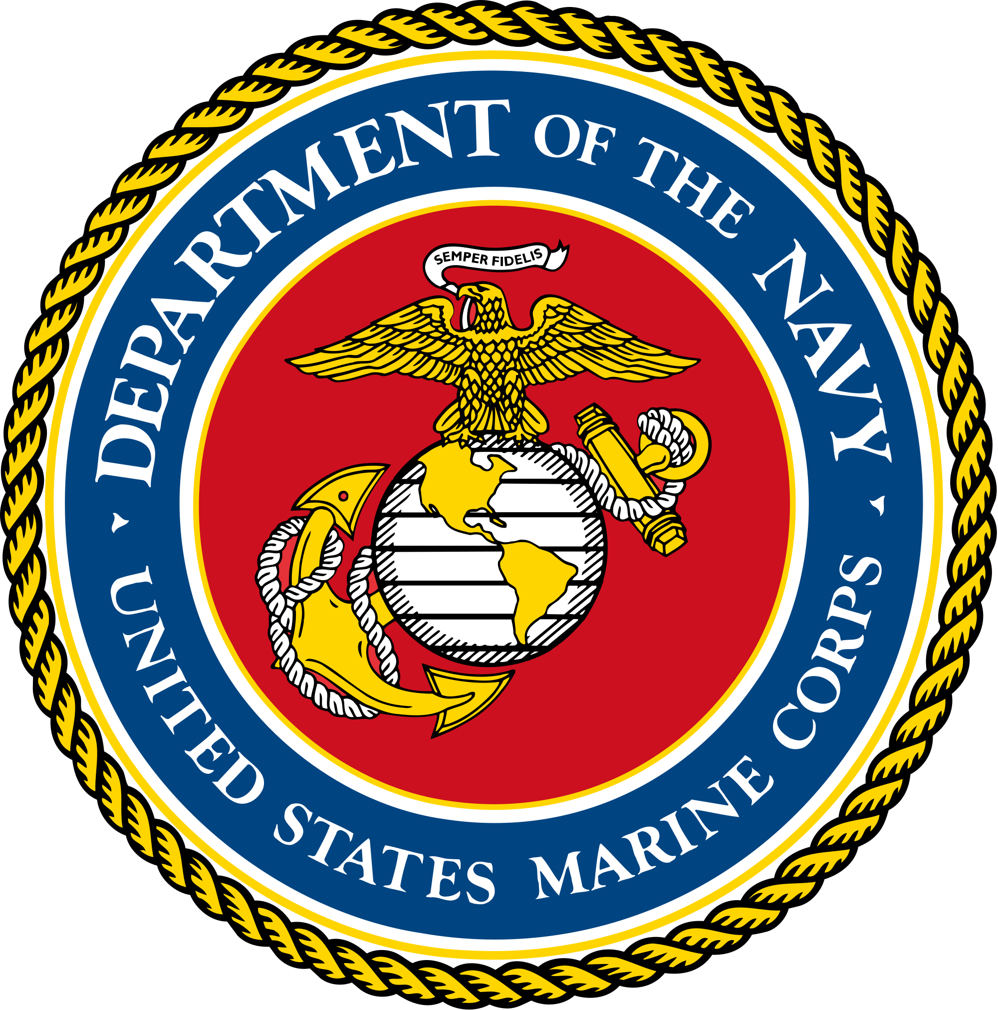 Seal of the United States Department of the Navy, featuring an eagle holding a ribbon with 'Semper Fidelis,' a shield with an American flag design, and a globe, surrounded by a rope border and the text 'Department of the Navy United States Marine Corps'.