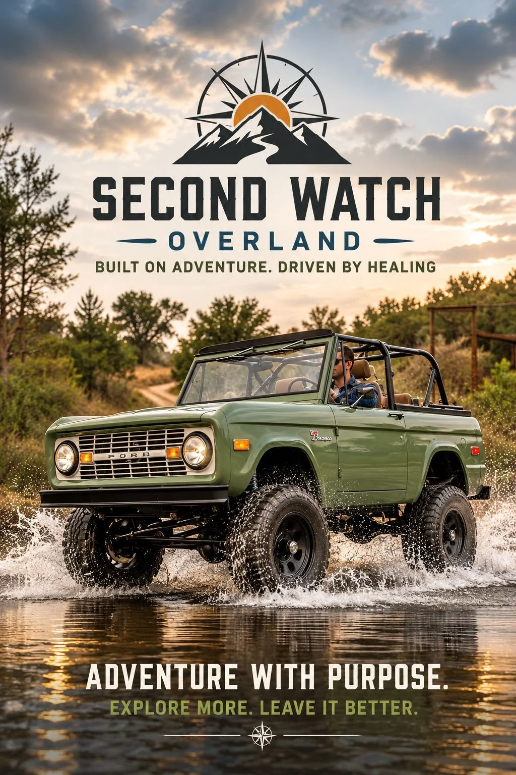 A green off-road vehicle driving through water in a natural landscape with trees and a partly cloudy sky at sunset, with an adventure-themed logo and text promoting Second Watch Overland.