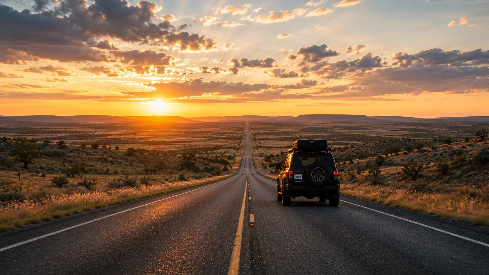 A black SUV with a spare tire on the back is driving down a long, straight road in a dry, desert landscape during sunset, with a partly cloudy sky.