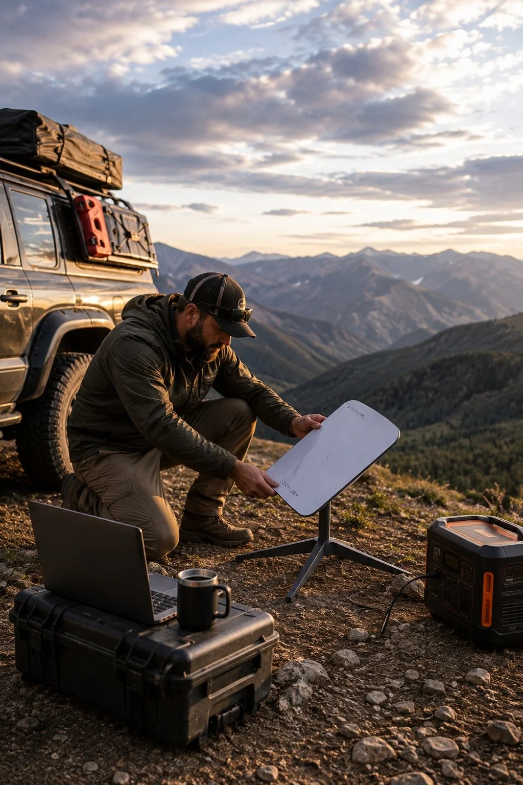A man in outdoor gear sets up a satellite dish on a mountain during sunset. He is crouched near a vehicle with camping gear on top, with a laptop, portable power station, and other equipment nearby, overlooking a mountainous landscape.