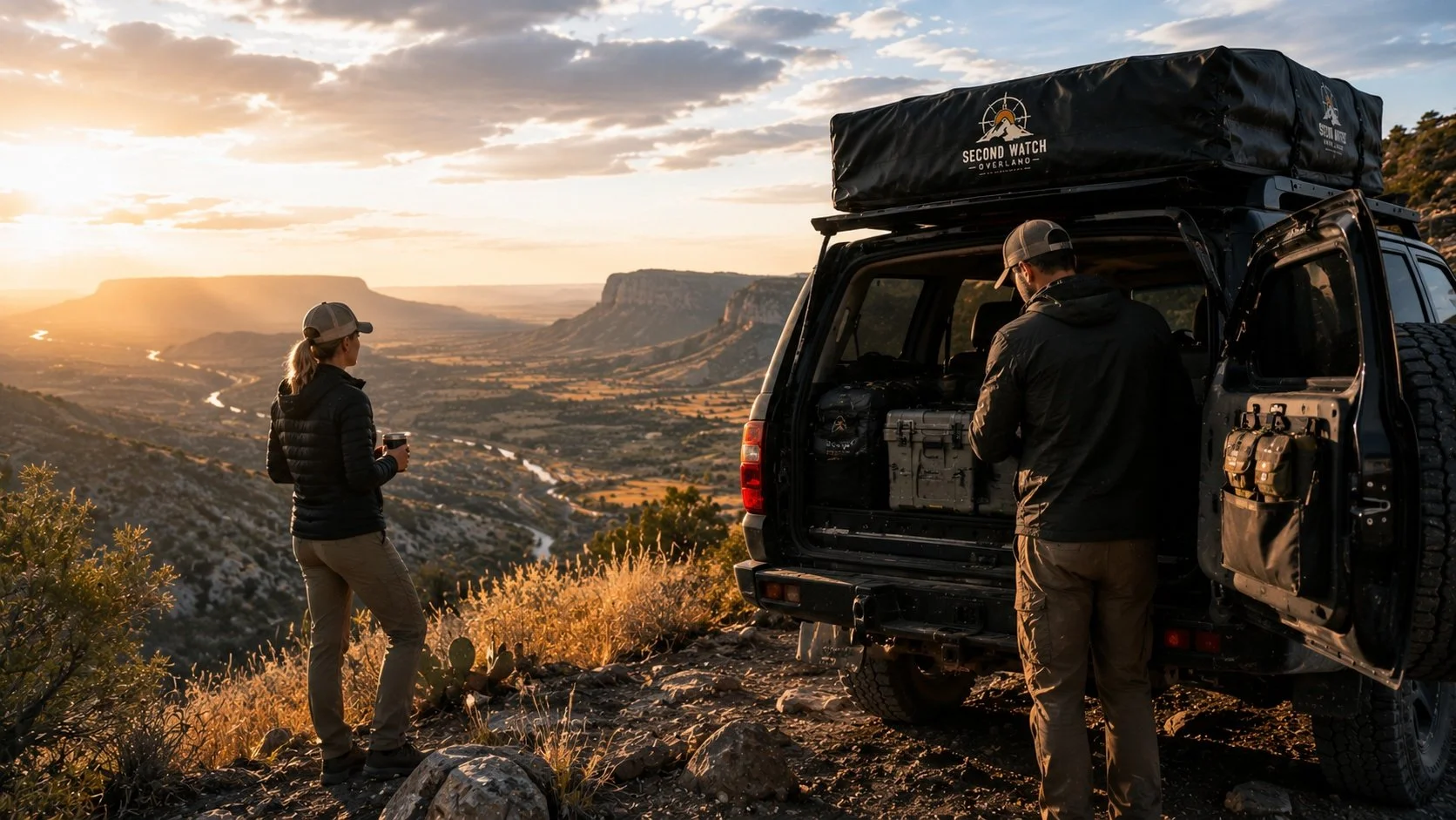 Two people camping in the wilderness during sunset, with a black SUV parked on rocky terrain. One person stands holding a drink, gazing at the scenic view of canyons and a winding river in the distance, while the other is inside the vehicle checking equipment.