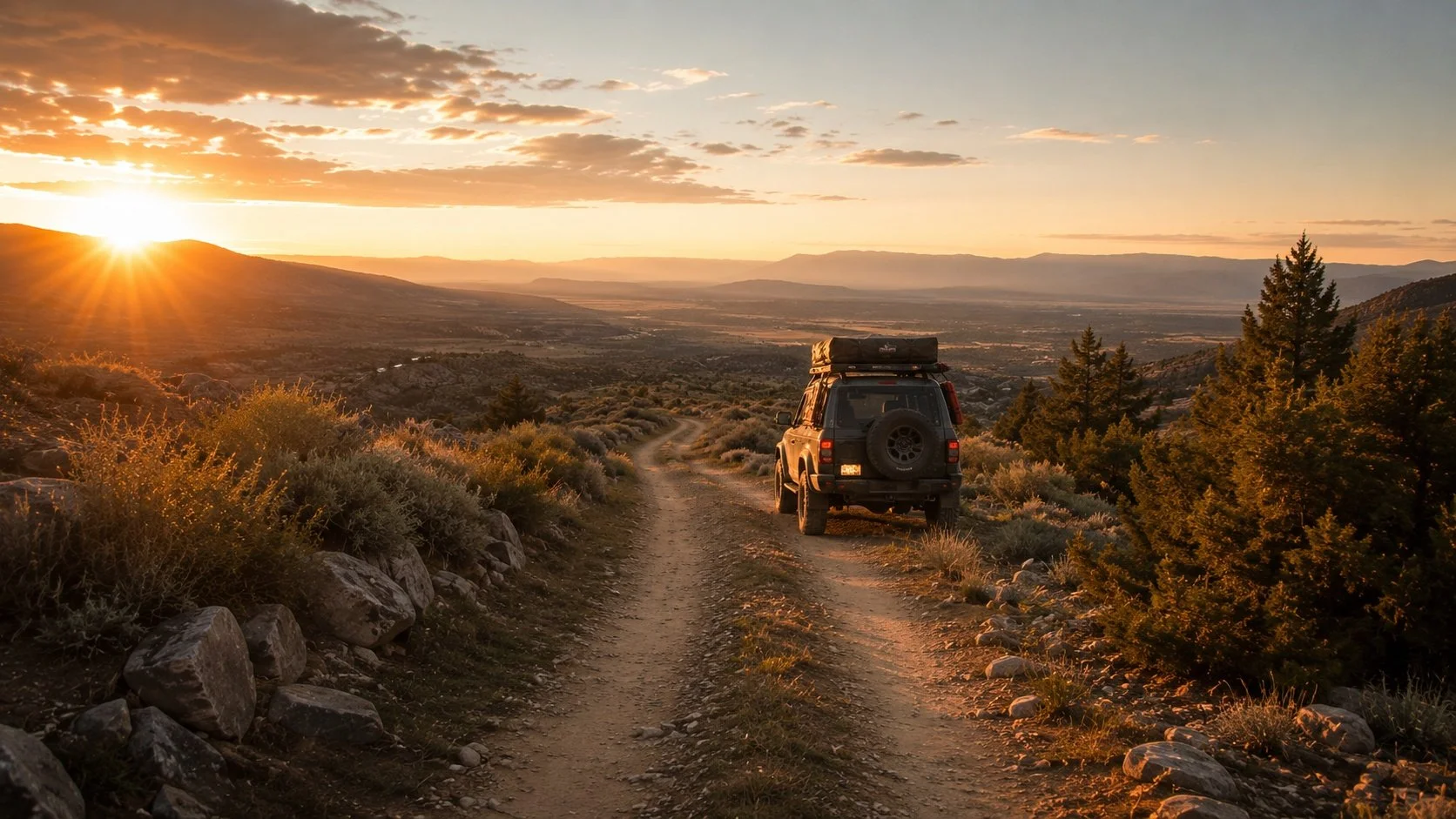 A vehicle parked on a dirt trail in a mountainous landscape during sunset, with trees and rocky terrain around and a view of distant mountains and a valley.