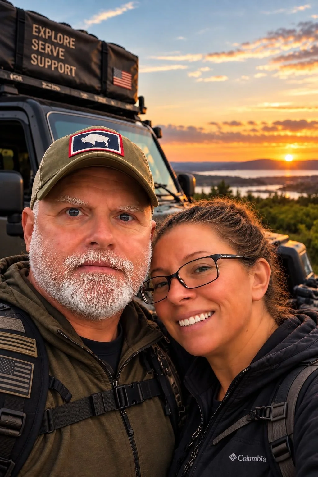 A man and woman taking a selfie outdoors during sunset, standing in front of a black vehicle with a roof bag that has the words "Explore Serve Support" and an American flag patch. The background features a scenic view of a river, trees, and a colorful sky.