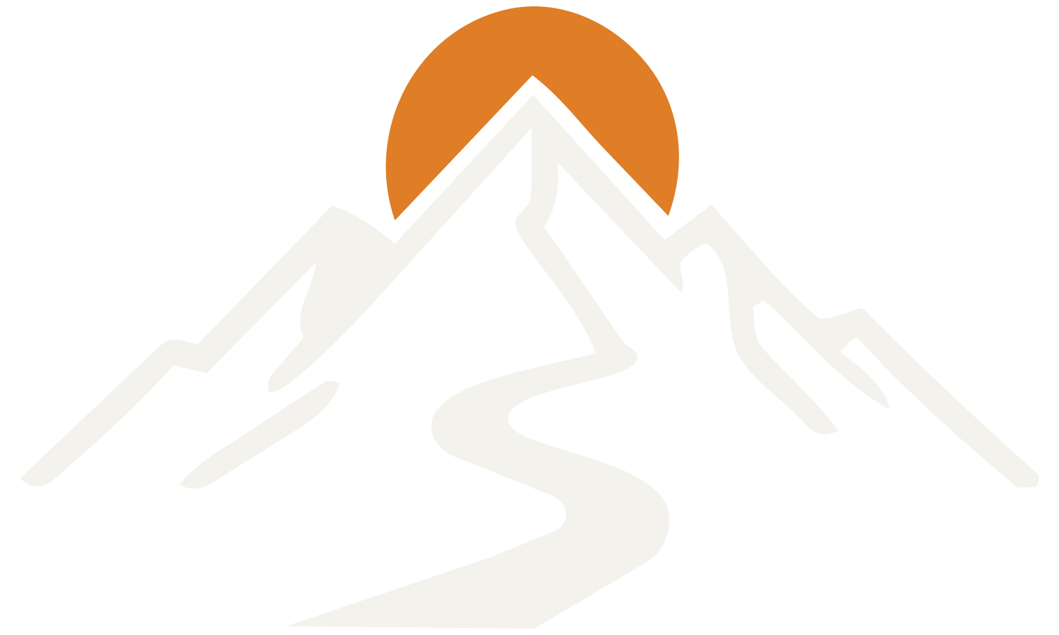 Stylized mountain range with a winding path and a setting sun.