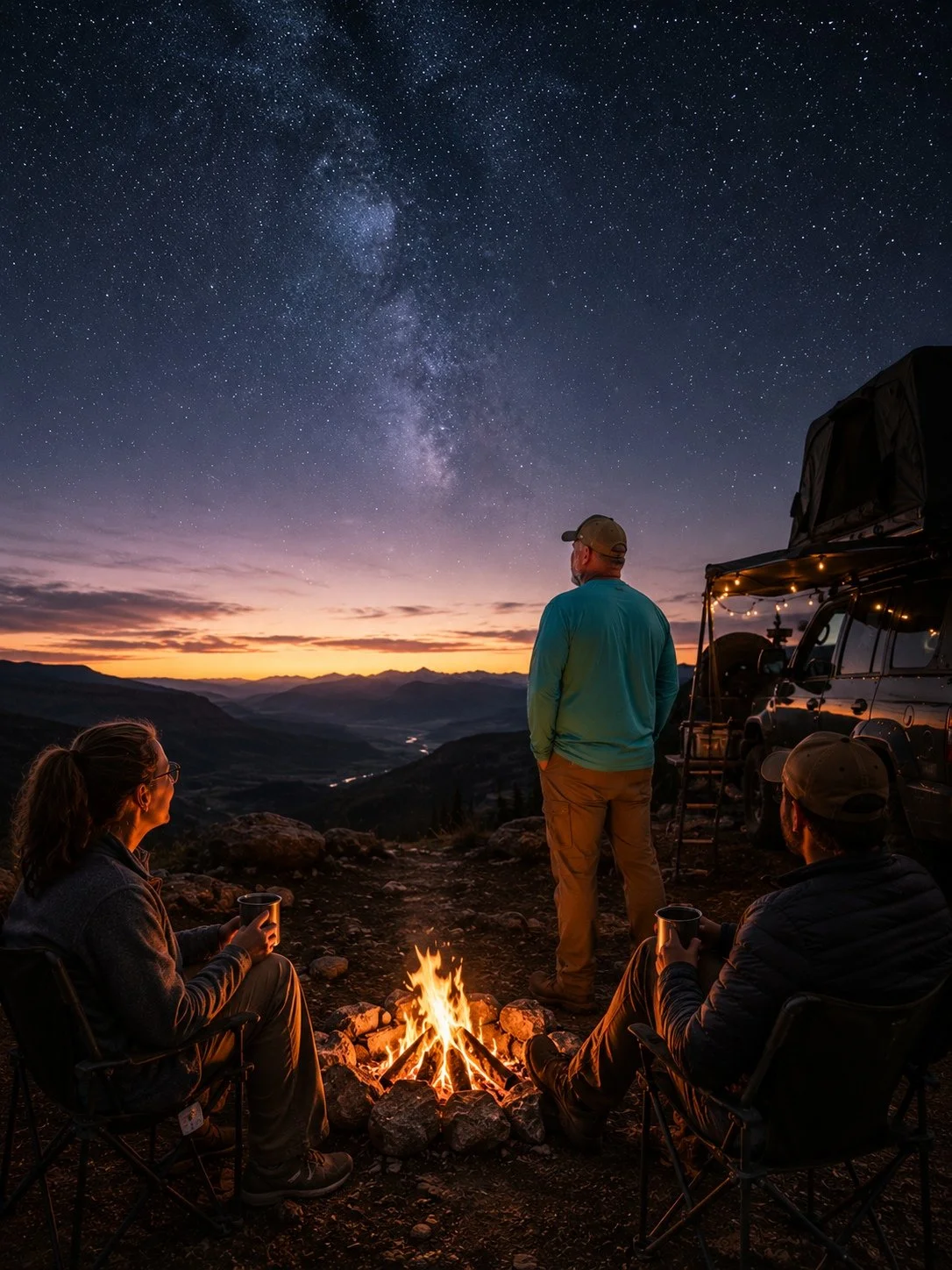 Three people sitting around a campfire enjoying a view of the night sky filled with stars and the Milky Way, with their camping gear and a vehicle nearby, during sunset or dusk in a mountainous landscape.
