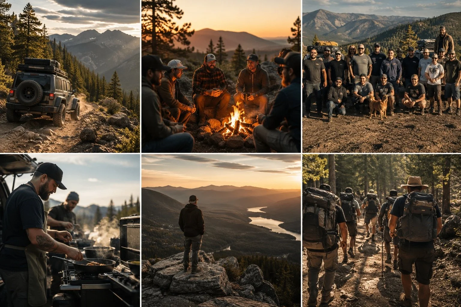 Group of people camping and hiking in a mountainous forest area during sunset, with activities including cooking, sitting around a campfire, and enjoying scenic views.
