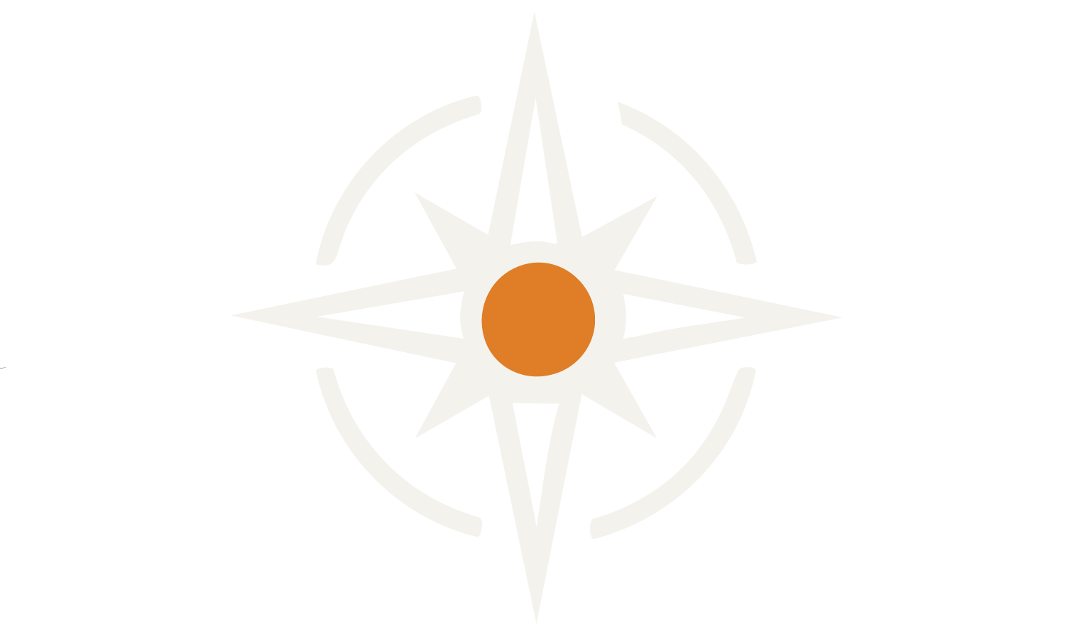 A logo with a black background featuring a white compass rose design with an orange circle in the center.