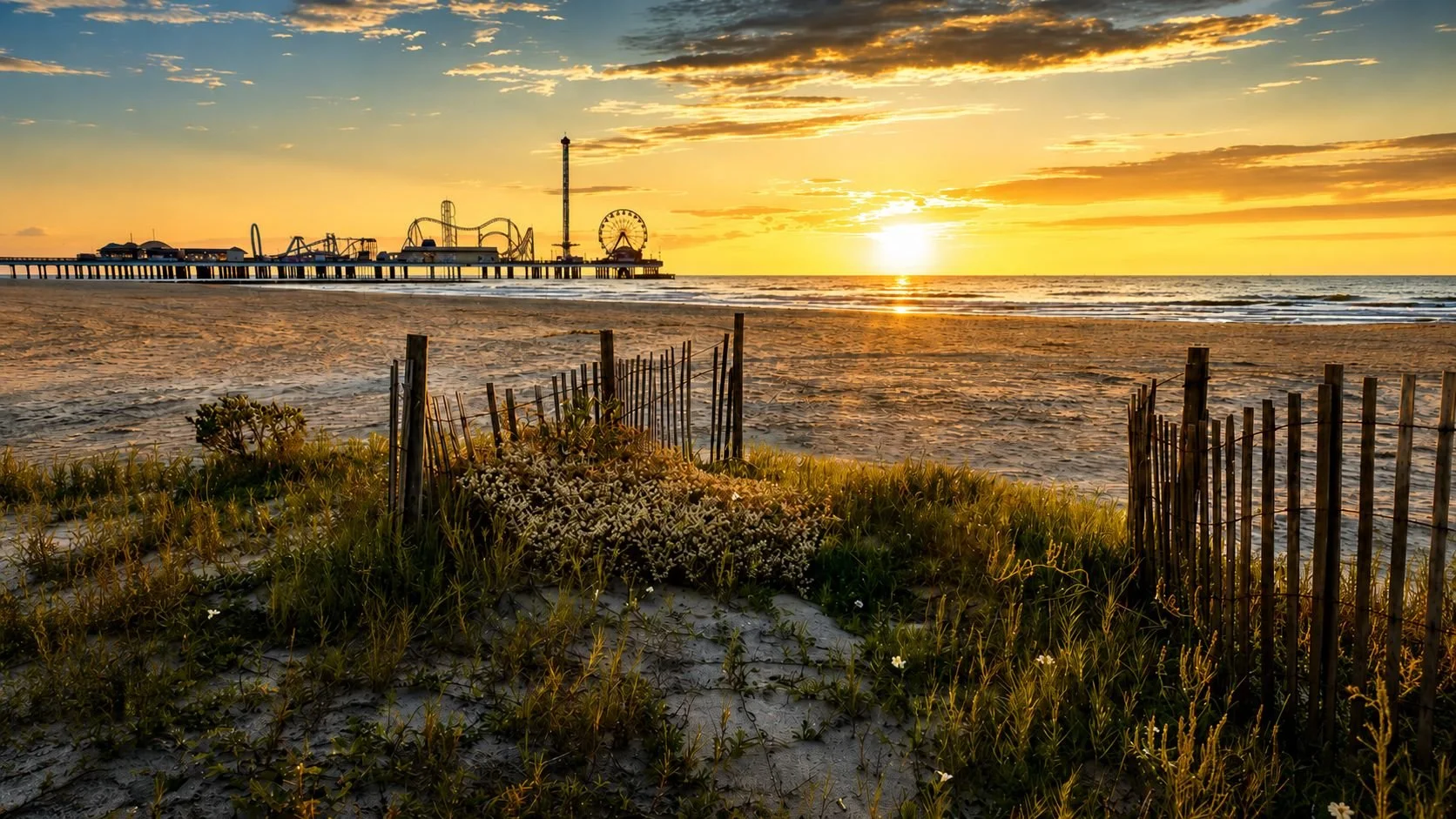 Sunset over a beach with sand dunes, wooden fences, beach grass, and flowers in the foreground, and a pier with a roller coaster and Ferris wheel in the background.