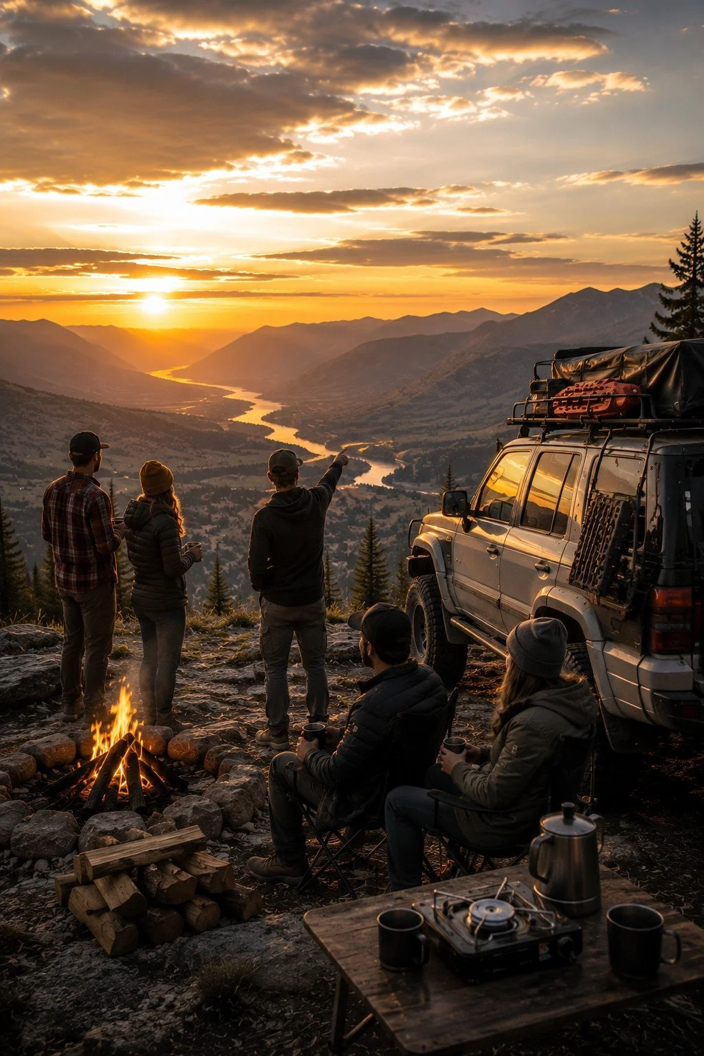 Group of five friends enjoying a campfire and sunset view in a mountainous valley with a winding river, surrounded by pine trees, next to a parked off-road vehicle with camping gear.