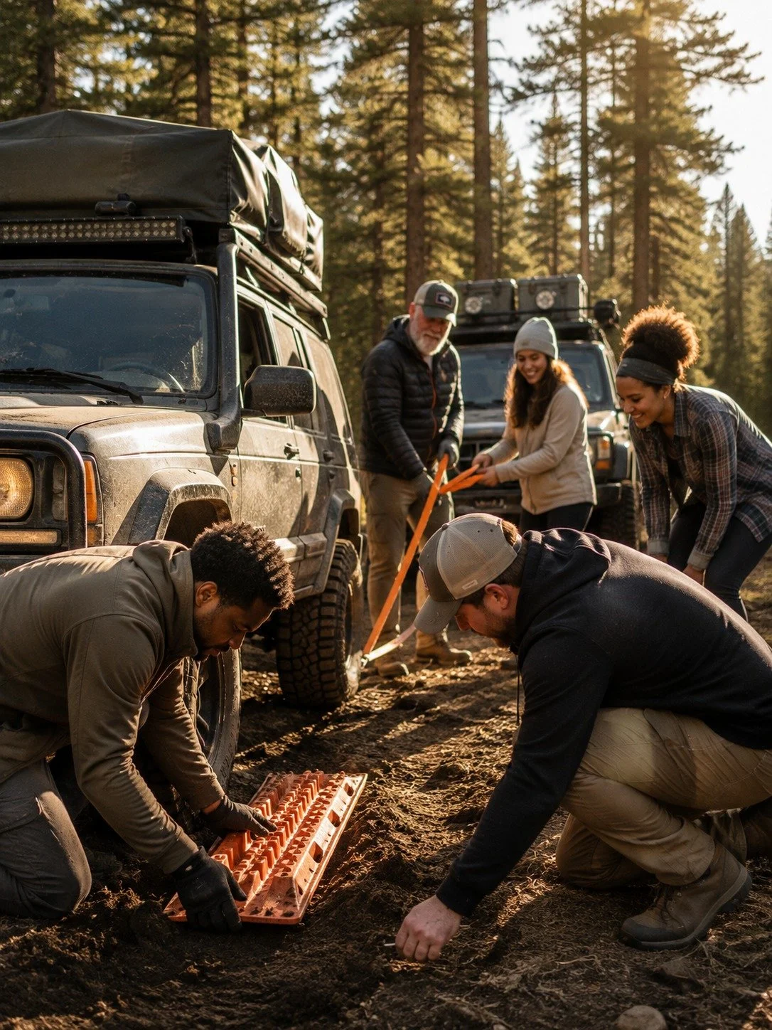 Group of five people planting trees in a forest, with two off-road vehicles parked behind them.