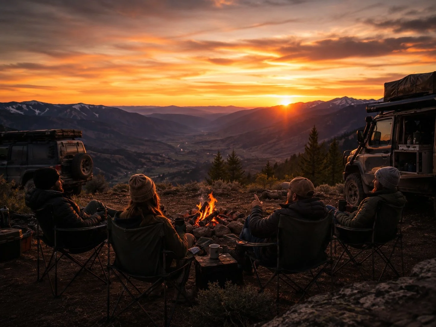 Four people sitting around a campfire on a mountain overlook during sunset, with SUVs parked nearby and scenic mountain landscape in the background.