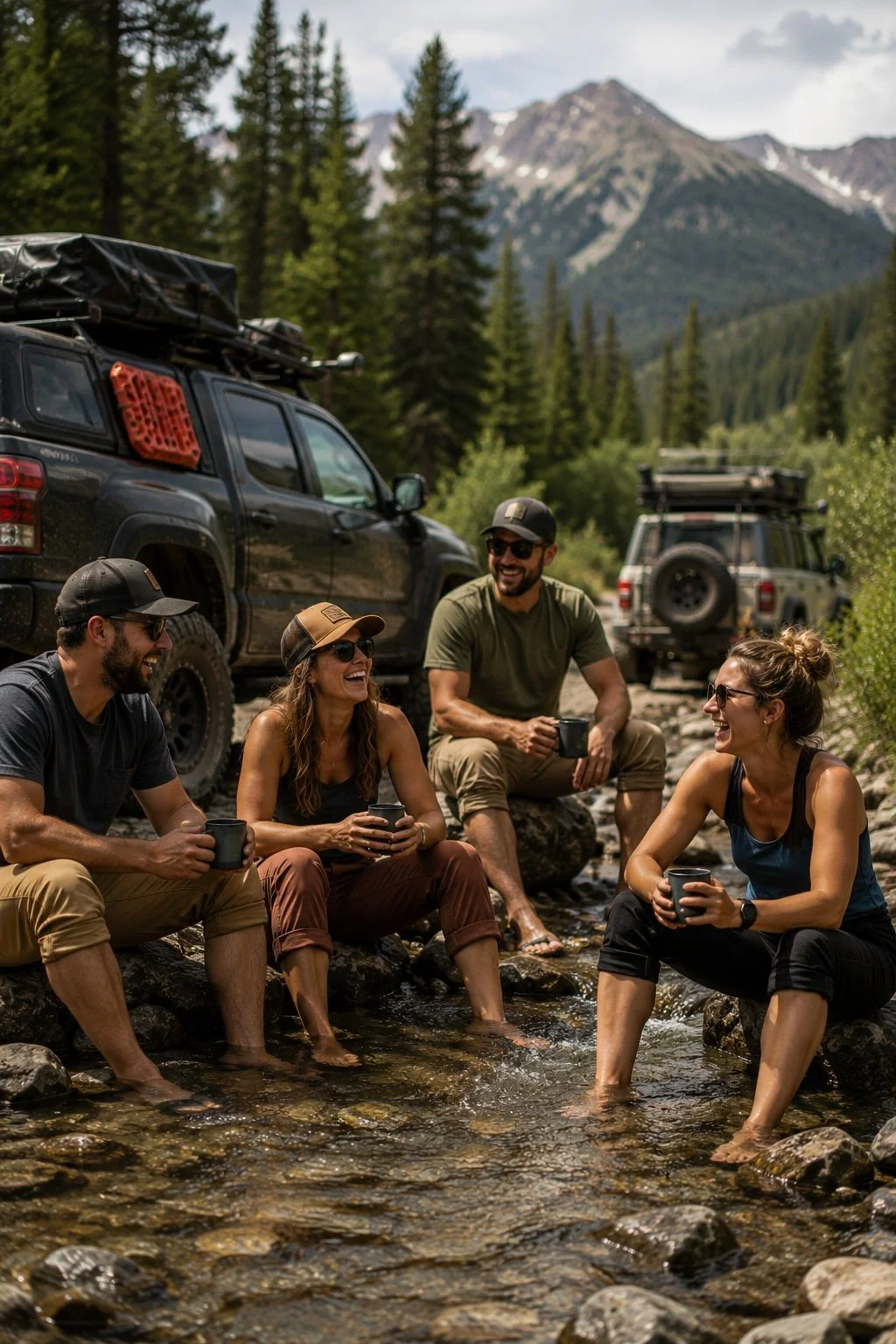 Four friends sitting and laughing in a small mountain stream with two off-road vehicles parked nearby and tall evergreen trees with mountains in the background.
