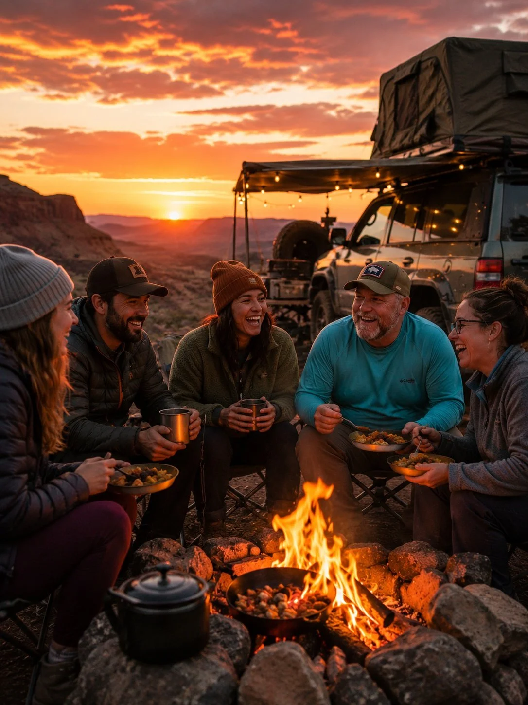 Group of five people sitting around a campfire at sunset in a desert landscape, with a vehicle in the background and enjoying a meal and drinks.