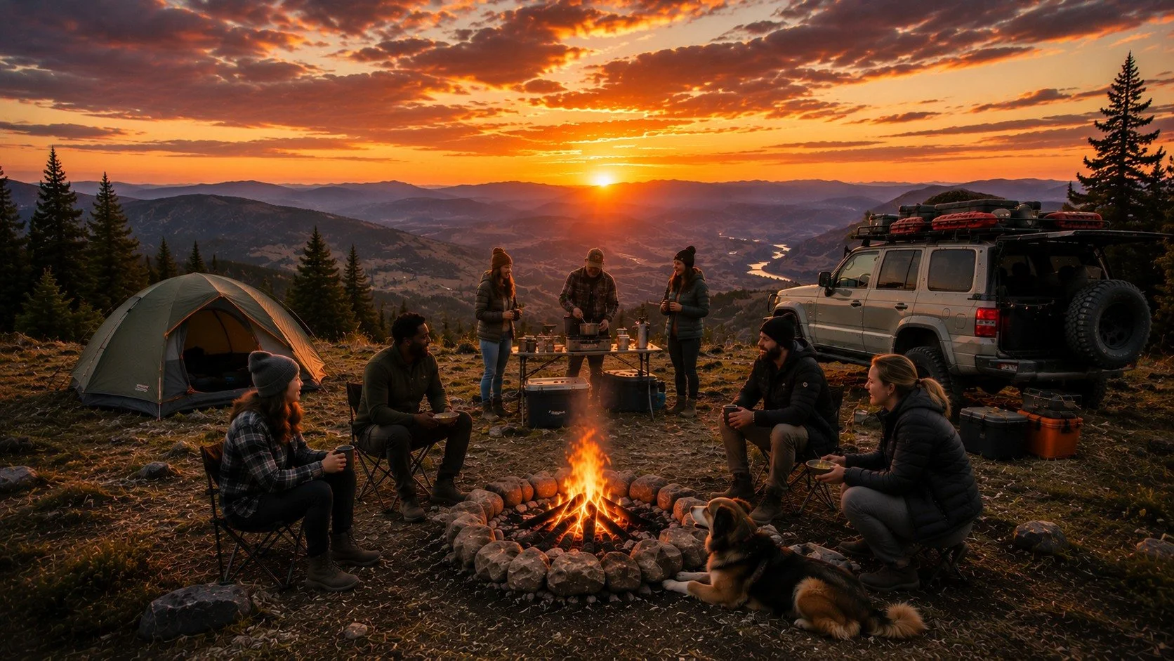 A group of friends camping in the mountains at sunset, sitting around a campfire with a tent and a vehicle nearby, enjoying food and drinks.
