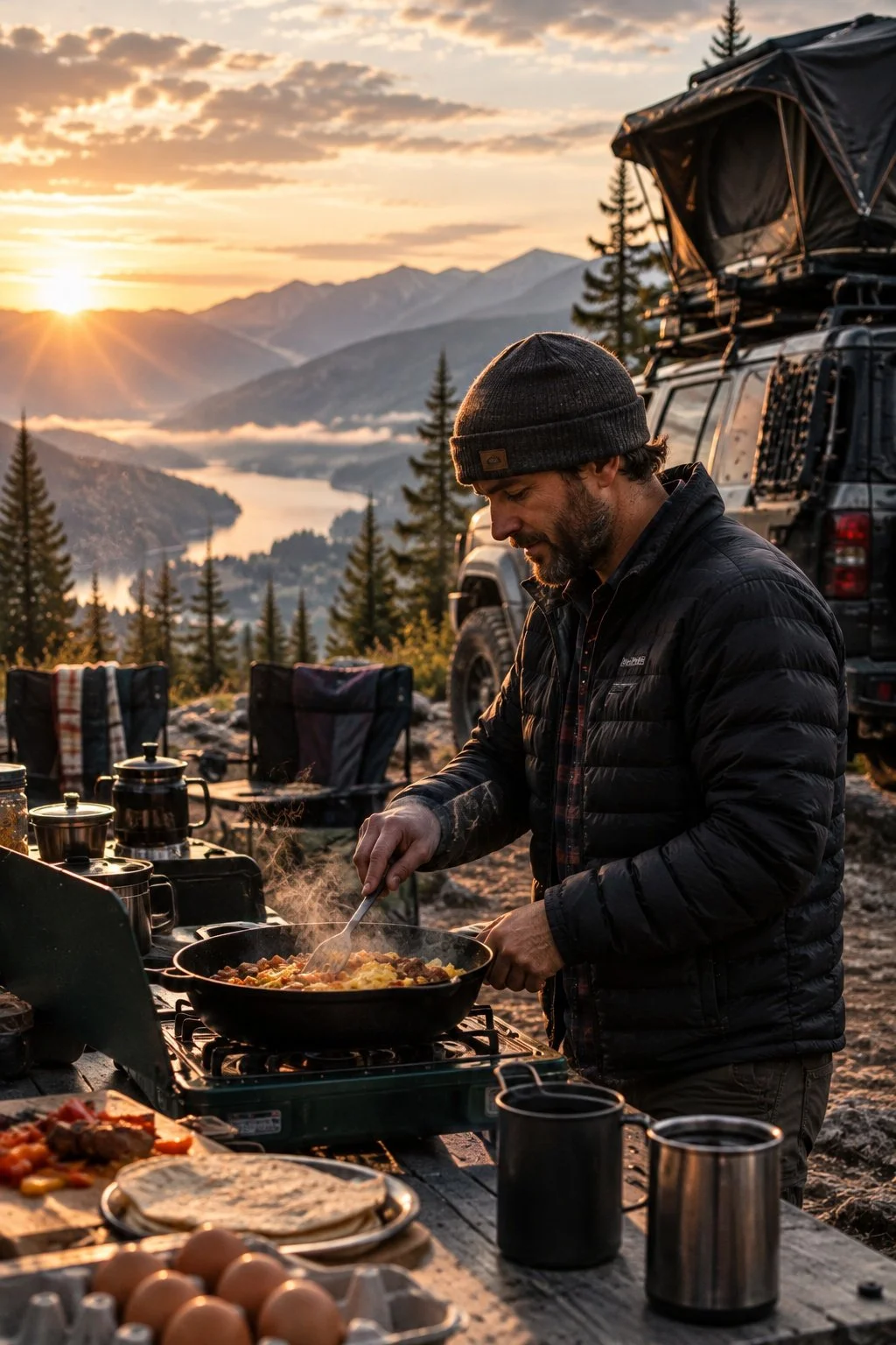 A man cooking breakfast over a camp stove at sunrise, outdoors by a lake with mountains in the background, surrounded by camping gear and a vehicle with a rooftop tent.