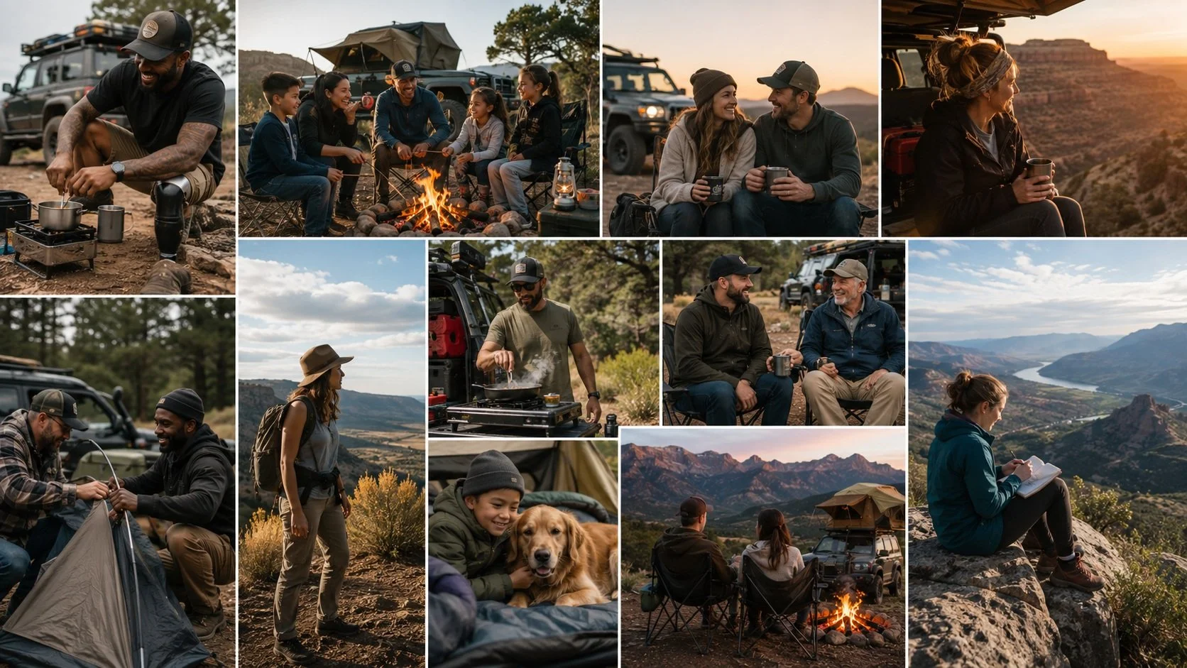 Group of people camping outdoors in a mountainous area, cooking, sitting by a campfire, enjoying the scenery, and hiking with a dog.