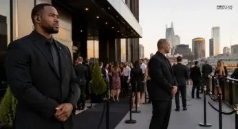 Two men in black suits on a city rooftop overlooking downtown at sunset, with a crowd of people in formal attire.
