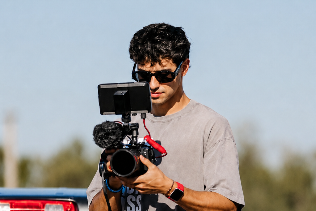 A man with curly dark hair wearing sunglasses and a gray t-shirt, holding a professional camera with a microphone attached, outdoors with a blue sky in the background.
