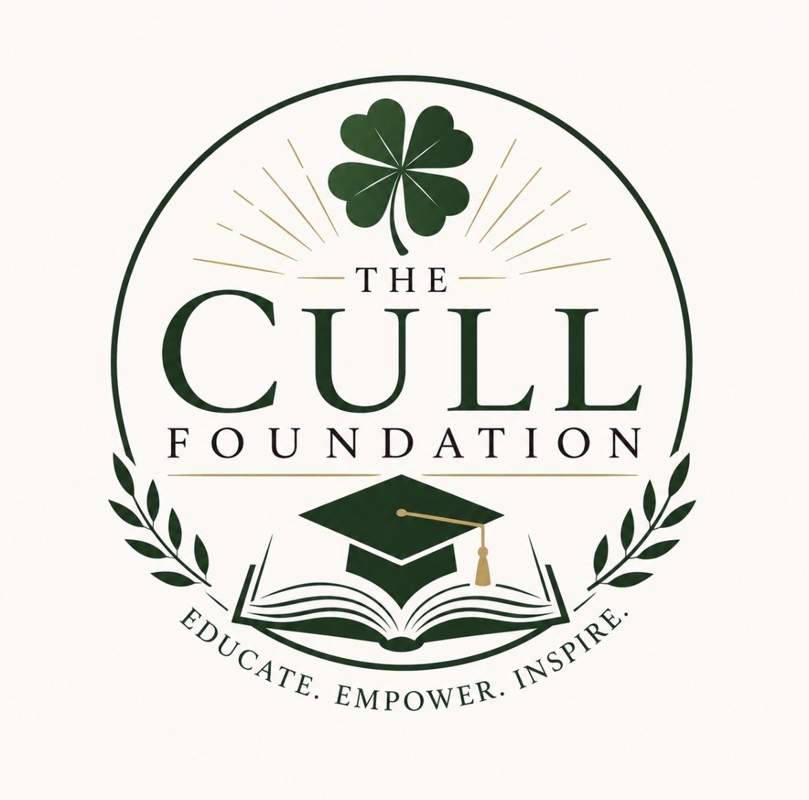 Logo for the CULL Foundation featuring a four-leaf clover, an open book, a graduation cap, and the tagline 'Educate. Empower. Inspire.'